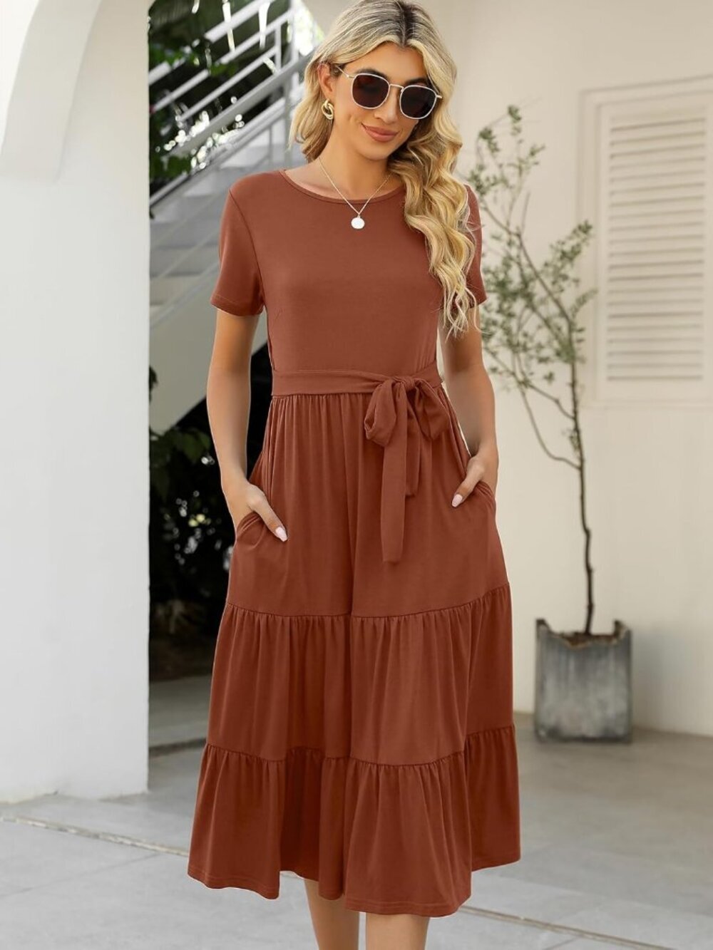 Women's Red Brown Tiered Short Sleeve Belted Pocket Ruffle Midi Maxi Dress - Picture 4 of 6